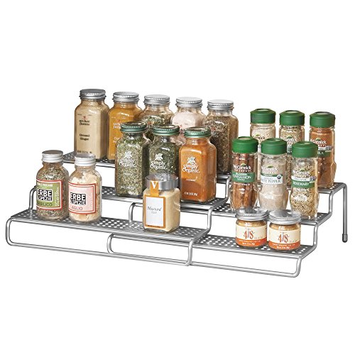 mDesign Adjustable, Expandable Kitchen Cabinet, Pantry, Shelf Organizer/Spice Rack - 3 Level Storage - Up to 25" Wide, Pack of 2, Silver Finish - Thumbnail 6