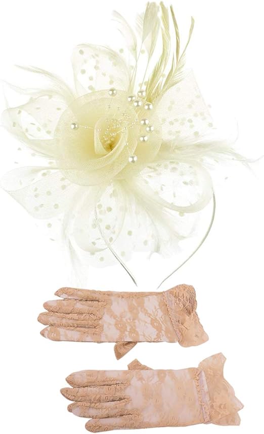 Women Fascinators and Gloves Set Feathers Headband Mesh Ladies Day