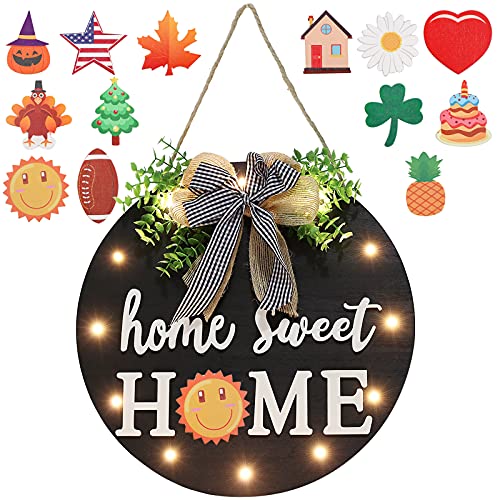 Interchangeable Home Sweet Home Welcome Sign for Front Door with 13 Changeable Icons, Farmhouse Outdoor Welcome Signs for Porch Decor Rustic Wooden Wall Sign with 12 LED Lights, Seasonal Porch Home