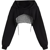 SHENHE Women's Fishnet Long Sleeve Drawstring High Low Workout Hoodie Crop Tops