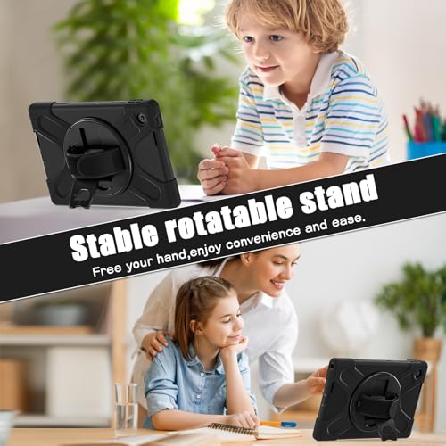 Gerutek Anti-Drop Case for Lenovo Tab 10.1 Inch 2025, (TB-311FU/TB-311XU), Rugged Case with Rotating Stand, Hand/Shoulder Strap, Pencil Holder, Case for Lenovo Tab 2025 10.1 inch WUXGA, Black