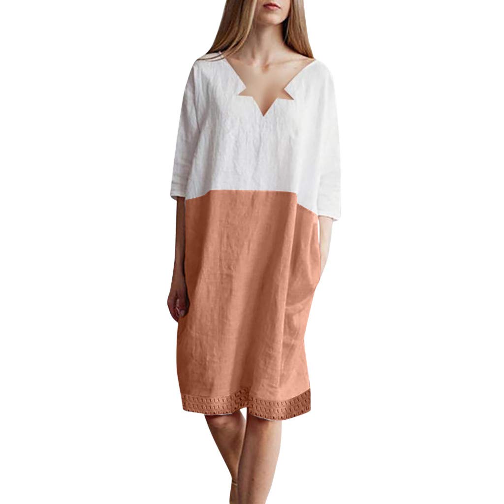 POTO Women Dresses, Loose Color Stitching Casual Dresses with Pockets Cotton Linen Tunic Dress Party Dress Beach Dress