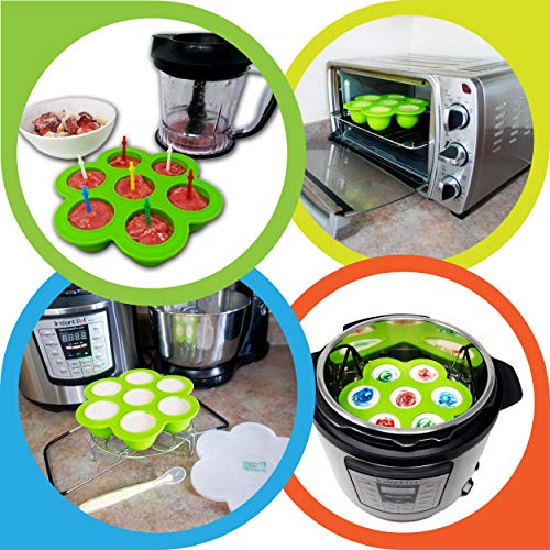 2 Silicone mold egg bites and steamer rack with handles | 6 & 8 qt instant pot & pressure cooker accessory | Reusable food storage & freezer tray with lid | 2 sets, 2 lids, 1 spoon, free e-cookbook