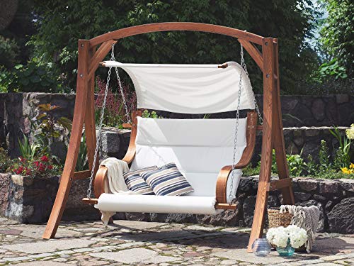 Beliani Gartenschaukel Lärchenholz Dunkelbraun Sonnendach beige für 2 Personen Aprilia – Bild 3