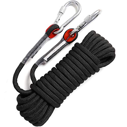 GINEE 10mm Static Outdoor Rock Climbing Rope with Carabiner 50FT Black,Rescue Grappling Lifeline Escape Descender Abseiling Rope,Magnet Fishing Rope,Arborist Tree Climbing Gear with Safety Ropes