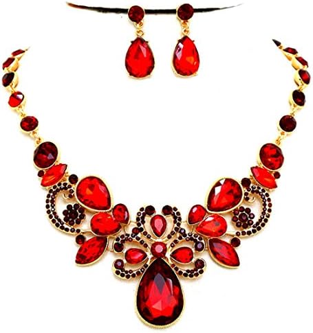 Women's Sexy Red Austrian Crystal Bling Earrings Gold Chain Necklace Set Evening Christmas Gift