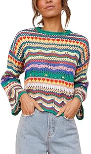 Women' s Y2K Crochet Crop Top See Through Hollow Out Sweater Pullover Long Sleeve Knit Color Block Casual 