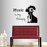 Wall Vinyl Decal Home Decor Art Sticker Music is My Therapy Quote Phrase Beautiful Girl with Headphones listening music Dj Bedroom Living Room Removable Stylish Mural Unique Design 2164