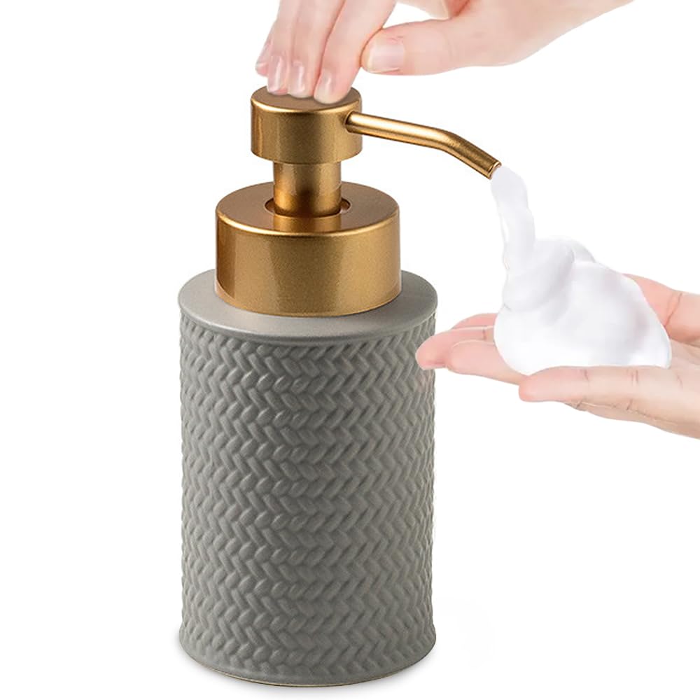 Foam Soap Dispenser with Refined and Vintage Emboss, Ceramic Hand Soap Dispenser for Bathroom (Grey)