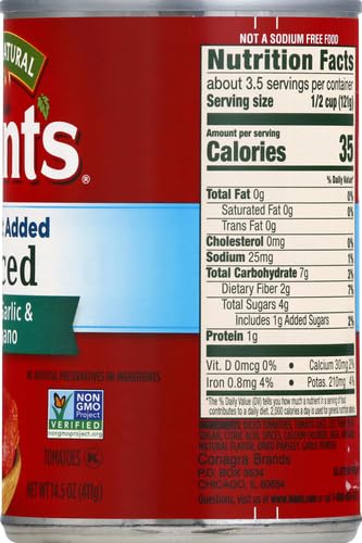 HUNT’S DICED NO SALT ADDED BASIL GARLIC & OREGANO TOMATOES, 14.5 OZ