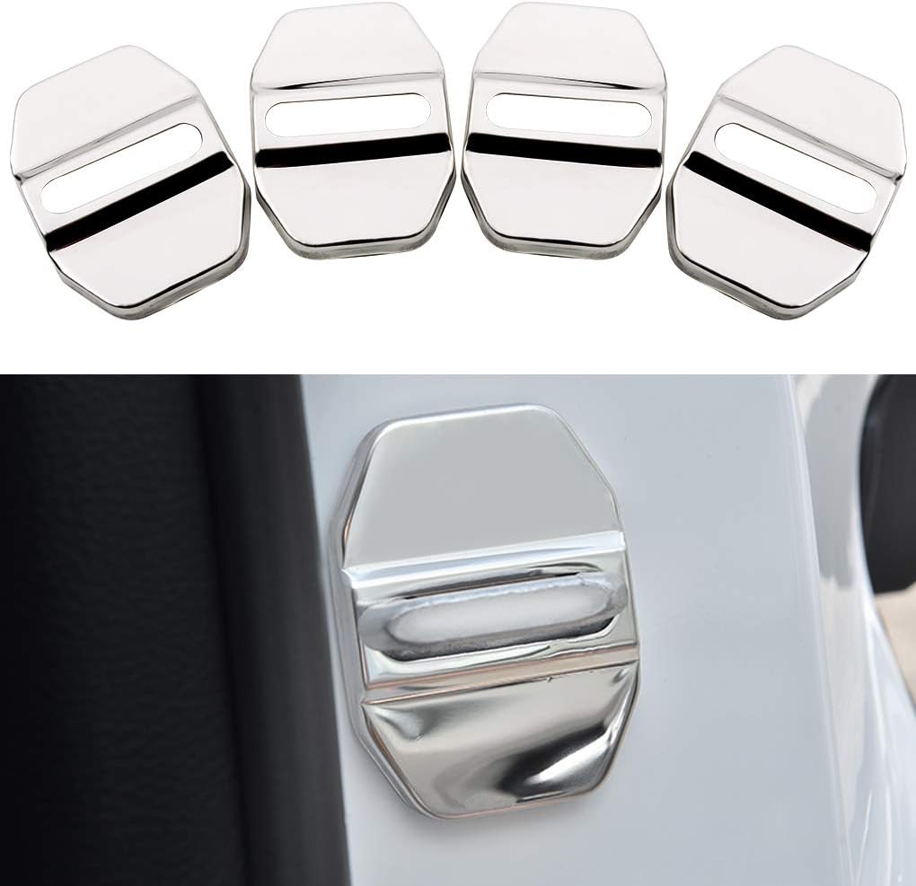 Car Door Lock Latches Cover Protector for Jeep Cherokee Compass Grand Cherokee Renegade Wrangler Charger Journey Chrysler 300 200(4-pc Set) (Stainless steel door lock cover bright silver)