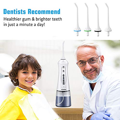 Cordless Water Flosser Teeth Cleaner, Nicefeel 300ML USB Rechargable 3-Mode Portable Oral Irrigator for Travel, IPX7 Waterproof Dental Water Flosser with 4 Jet Tips for Family