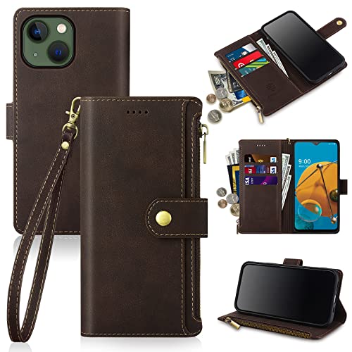 Antsturdy Compatible with iPhone 13 Wallet Case,RFID Blocking PU Leather Flip Folio Protective Cover with Wrist Strap Zipper Credit Card Holder Kickstand Men Women,Phone Case for Apple 13,Coffee