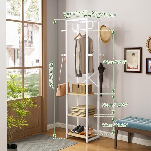 IBUYKE Perchero independiente con 3 estantes y 8 ganchos, perchero industrial para entrada, pasillo, dormitorio, 180 x 40 x 30 cm, color natural y blanco TMJ088R