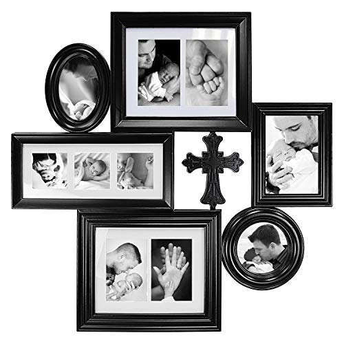 Jerry & Maggie - Photo Frame 28x28 Black Picture Frame Multi Selfie Gallery Collage Wall Hanging 6 Open Photo Sockets with Cross - Wall Mounting Design