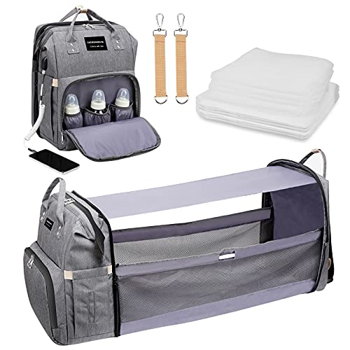 Diaper Bag Backpack, 5 in 1 Foldable Baby Bed with Mosquito net for