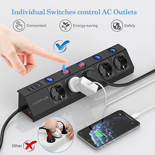 Power Strip, Individually Switchable, 5-Way Power Strip, Wall Mounted with 1 USB-C Quick Charger (PD 20 W) and 3 USB Power Strips, Multiple Socket with Surge Protection (3680 W/16 A), 2 m Cable
