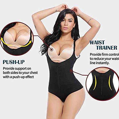 Slimerence Women Seamless Firm Control Latex Shapewear with Zip, Faja Open Bust Push Up Bodysuit Body Shaper, Black2 S - Thumbnail 4