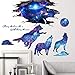 iwallsticker 2pcs Creative Blue Starry Sky Wolf and Moon Stars Wall Decals Galaxy Removable Stickers Living room Decor Home art Kids Bedroom Decal Nursery Sticker Boy Rooms Mural Children Gift Sticker