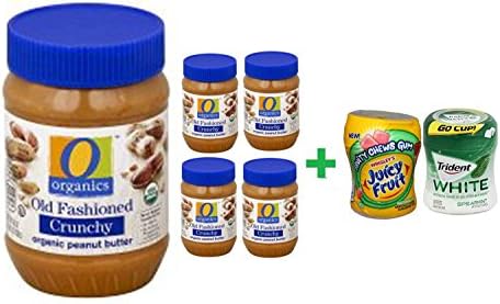 O Organics Organic Peanut Butter Spread Old Fashioned Crunchy - 18 Oz (5 PACK)+ Fruity Chews Gum Watermelon 1/60 Count + Trident Go Cup Spearmint 1/60 Count (BUNDLE)