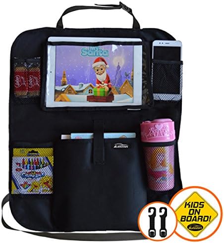 Autozon Car Backseat Organizer - Kick Mat Back Seat Protector with iPad/Tablet Holder, Kids Toy Storage Bag and Baby Travel Accessories Pockets. Free Extra- Car Headrest Organizer Hooks + Car Sticker
