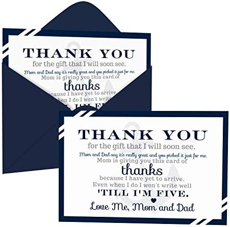 Nautical Baby Shower Thank You Cards and Envelopes (15 Pack) – Boys Anchor Party Supplies – A6 Flat Stationery Set – Blue Grey