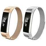 AIUNIT Fitbit Alta Bands, Alta HR Milanese Loop Stainless Steel Metal Replacement Accessories Wristband Strap with Magnet Lock for Fitbit Alta HR and Fitbit Alta - 2pack Silver+Rose Gold (No Tracker)