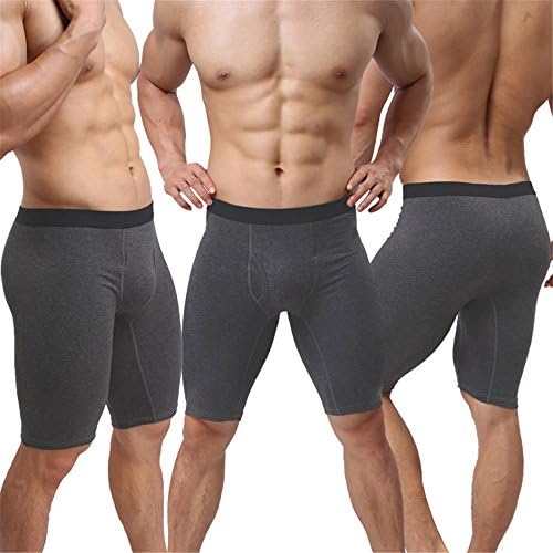 Men's Cotton Boxer Briefs Long Leg Underwear No Ride Up Stretch with Open Fly(M, Grey)
