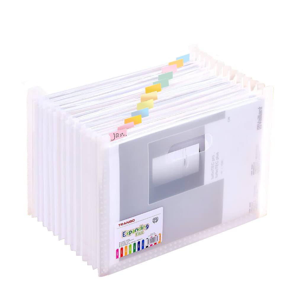 TRANBO Expanding File Folder with 13 Pockets, A4 Expandable Document Organiser for School Office Home, 13 Compartments Filling Box, Clear White