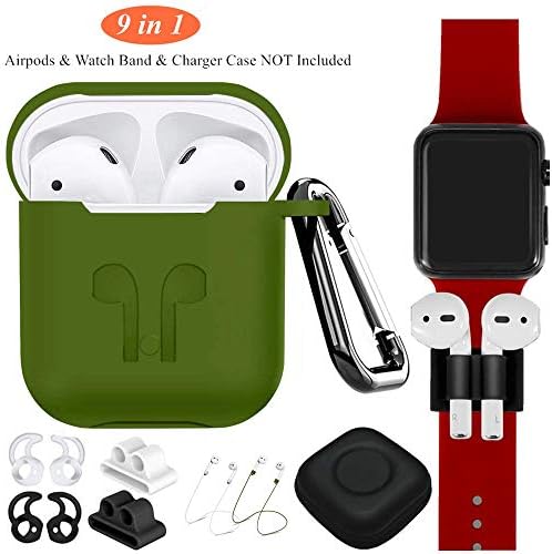 AirPods Case Cover Compatible Apple Airpods 2 & 1[Front LED Visible],9 in 1 Kits Airpods Accessories Protective Silicone Skin with Airpods Watch Band Holder/Ear Hook/Strap/Clip/Keychain-Olive Green