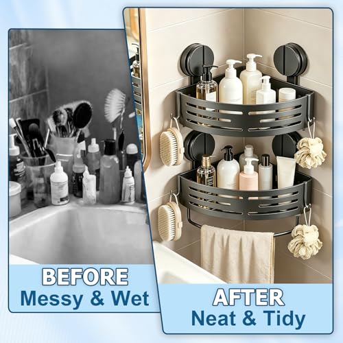 ZBXSNK 2Pcs Corner Shower Caddy, No Drilling Suction Cup Bathroom Corner Shelves, Shower Storage Shelf with Towel Bar & Hooks, for Bathroom Kitchen Vanity & Shampoo, Razors, Spice Bottles
