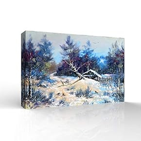 Canvas Wall Art - Winter Forest Snow Village Oil Painting - Modern Home Art Stretched and Framed Ready to Hang - 12x18 inches