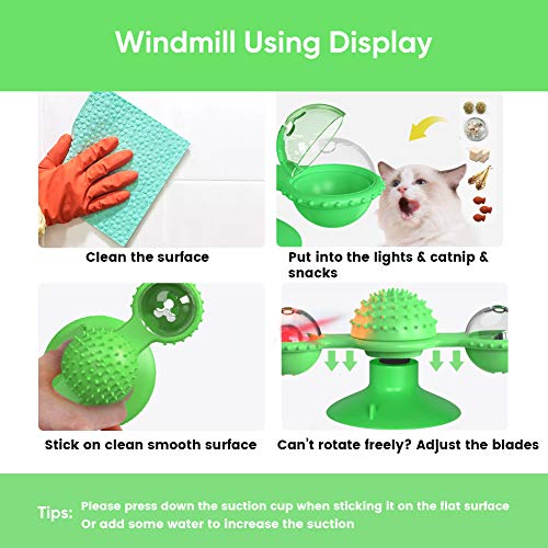 Sestball Cat Toys Interactive Chew Toys for Indoor Cats Ball Windmill Catnip Toy Cat Toothbrush Funny Kitten Toys Cats Hair Brush Turntable Massage Scratching Tickle Toy with Suction Cup (Green)