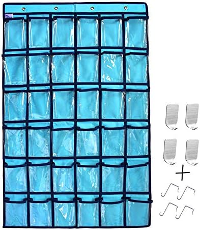 TOWSIX Classroom Pocket Chart, Clear Pocket for Cell Phone Calculator Holder Closet Underwear Sock Storage Wall Door Hanging Organizer for Classroom Office Home Storage, 36 Clear Pockets (Blue)
