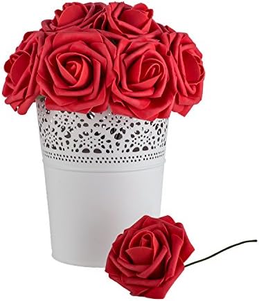 Dinopure Wedding Bouquet 50pcs Artificial Flowers White Real Touch Artificial Roses for Bouquets Centerpieces Wedding Party Baby Shower DIY Decorations (red)
