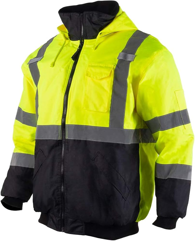 VENDACE Men's ANSI Class 3 High Vis Safety Reflective Bomber Jacket Hoodie Waterproof with Detachable Hood: Clothing