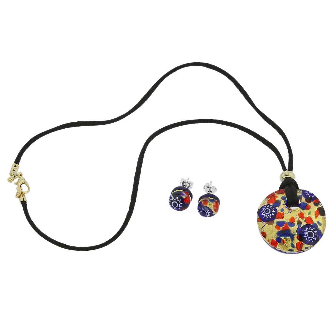 Glass Of Venice Murano Glass Venetian Reflections Round Necklace and Earrings Set - Blue Red
