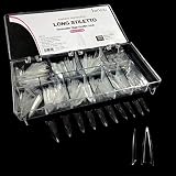 BeYou Clear Long Stiletto 500pcs False Fake Nail Tips,10 Sizes With Clear Plastic Case For Nail Salon Nail Shop