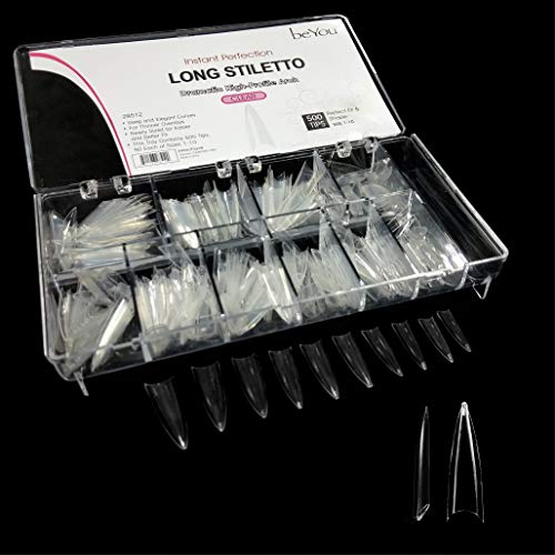 BeYou Clear Long Stiletto 500pcs False Fake Nail Tips,10 Sizes With Clear Plastic Case For Nail Salon Nail Shop