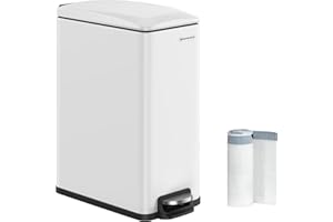 SONGMICS Slim Trash Can, 13-Gallon (50 L) Garbage Can for Narrow Spaces with Soft-Close Lid, Inner Bucket, and Step-on Pedal, Stainless Steel, 15 Trash Bags Included, White ULTB510W48