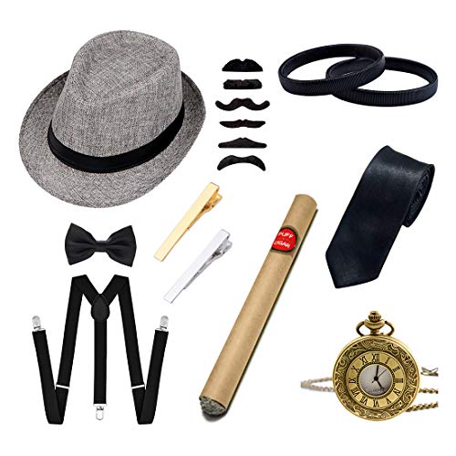 Ziyoot Men's 1920s Accessories Gatsby Gangster Costume Set Gangster Beret Y-Back Suspender Classic Satin Bow Tie Mens Necktie Tie Clips Set for Men (01 Gray) - Thumbnail 7
