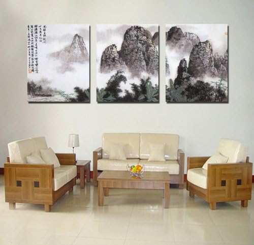 Spirit Up Art Large Chinese Painting of Landscape on Canvas Print Stretched and Framed,Ready to Hang, Modern Home Decorations Wall Art set of 3 Each is 40*60cm #D09-284