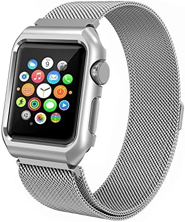 Apple Watch Band Milanese Loop VIPPLUS Stainless Steel Wristband Mesh Magnetic iWatch Band with Protective Bumper Case Frame for Apple Watch Series 1/2/3 Replacement Strap Stripe (Silver 42mm)