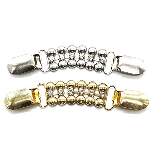 Buorsa 2PCS Gold and Silver Crystal Sweater Clip Cardigan Clip Collar Clip With Chain - Thumbnail 5