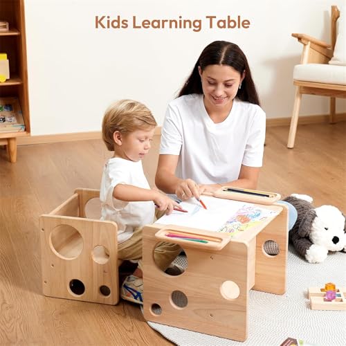AM ANNA Montessori Wooden Table and Chair Set, Kids Natural Wood Construction, Kids Activity Desk with Storage, 38x36x33cm Table and 31x30x28cm Chair