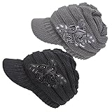 Women's Cable Knit Visor Hat with Flower Accent