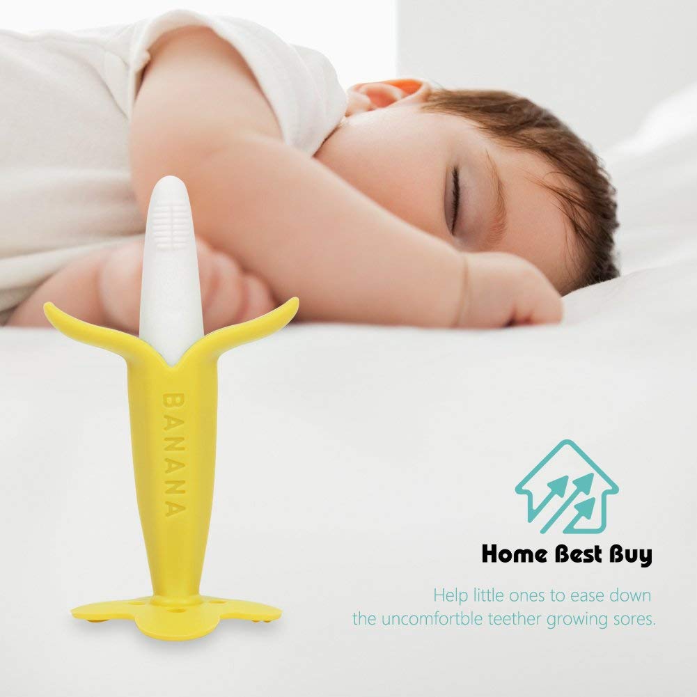 Home Best Buy Baby Toothbrush Banana Teether Teething Toys Chewable Silicone Teethers with Standing Base BPA-Free FDA Approved