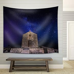 Spectacular Night View with Milk Way Over The Church - Fabric Wall Tapestry Home Decor - 51x60 inches