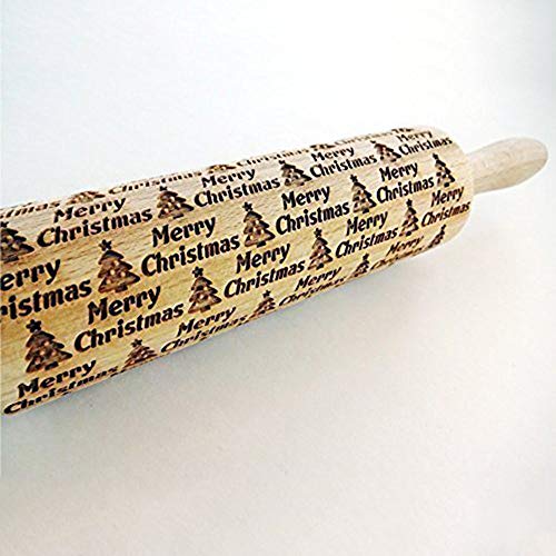 Christmas Wooden Rolling Pins Tpingfe Engraved Carved Wood Embossed Embossing Rolling Pin Kitchen Tool with Christmas Symbols for Baking Embossed Cookies (A:35×5cm)