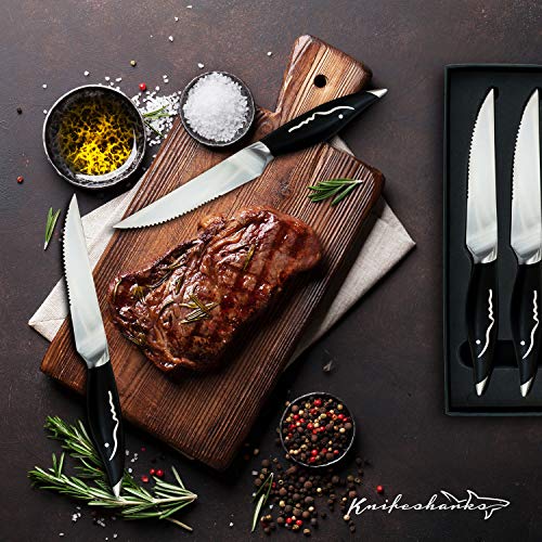 Knifesharks Premium Japanese Steel 4-Piece Steak Knife Set - Serrated Forged Fine Steak Knife Set, Razor Sharp